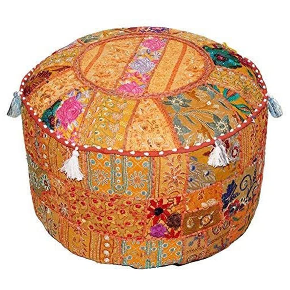 Aakriti Gallery Pouff Footstool Embroidered Pouf Cover, Indian Cotton Round Pouffe Ottoman Pouf Cover Pillow - Cover Only (18x13 inch) (Orange, 46x33 cm)