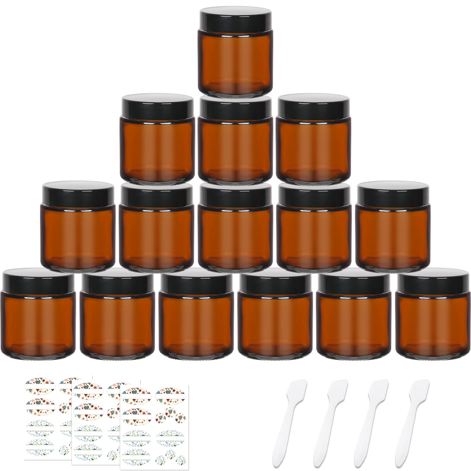 CulnCraz 15 Pack 120 ml Amber Round Glass Jars, 4 oz Empty Cosmetic Containers with Inner Liners, Black Lids and Glass Jars with Labels for Slime, Beauty Products,Cosmetic,Lotion,Powders and Ointments