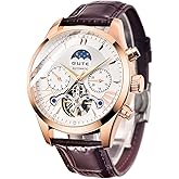 IK COLOURING Men's Leather Watch Luxury Automatic Mechanical Moon Phrase Skeleton Luminous Waterproof Hands Automatic Self-Wind Leather/Stainless Steel Wrist Watch