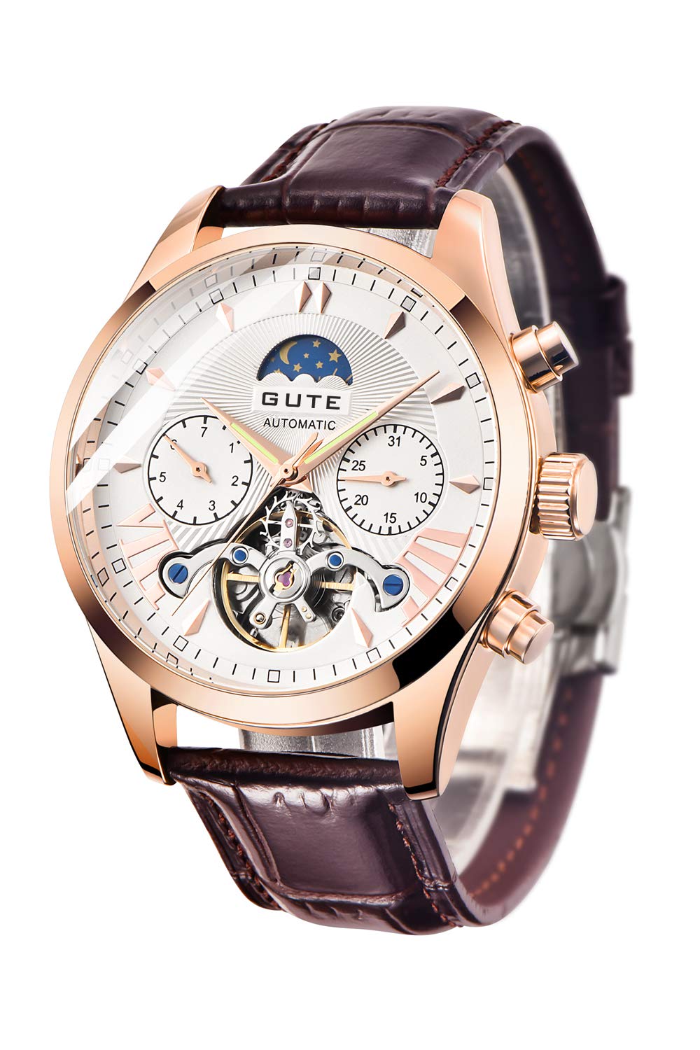 Gute Mens Watches Chronograph Men Designer Automatic Mechanical Skeleton Wrist Watches Leather Watches Self Winding with Week Function