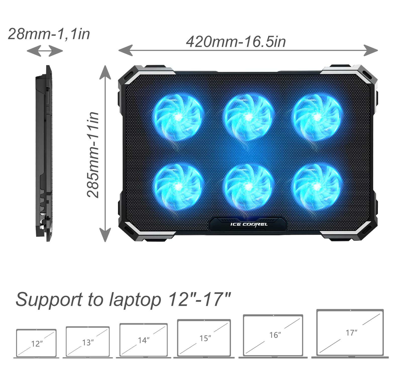 ICE COOREL Laptop Cooling Pad with 6 Cooling Fans, Cooling Pad for Laptop Fan 13-15.6 Inch, Laptop Cooler Stand with 6 Height Adjustable, Notebook Cooler Pad with Two USB Port