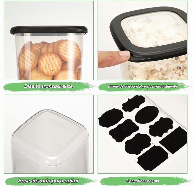 Set de recipientes herméticos para alimentos – 12 botes cocina (2x 0.36L-1.64L) und 16 etiquetas negras, ideal para almacenaje cocina, tarros cocina — foto 4 de 7