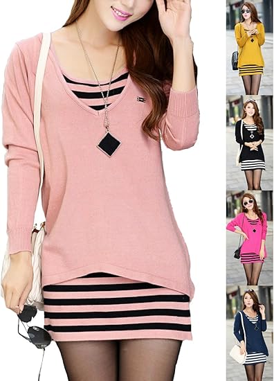 Amazon Co Jp ディーコッテ D Kotte ドレス セットアップ ツーピース ワンピース ワンピ ミニ ショート 丈 ニット Vネック セーター 変形 スリット バックオープン 背中開き 背中あき ボーダー レイヤード カジュアル ノースリーブ 長袖 レディース L168 服