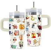 Uibunoo Animal Lover Gift, 14 Oz Animals Alphabets Tumbler with Handle & Straw, Abc Letters Learning Gift for Daughter Son,Dog Gifts for Thanksgiving Christmas, Animal Vacuum Insulated Tumbler, 1 PCS