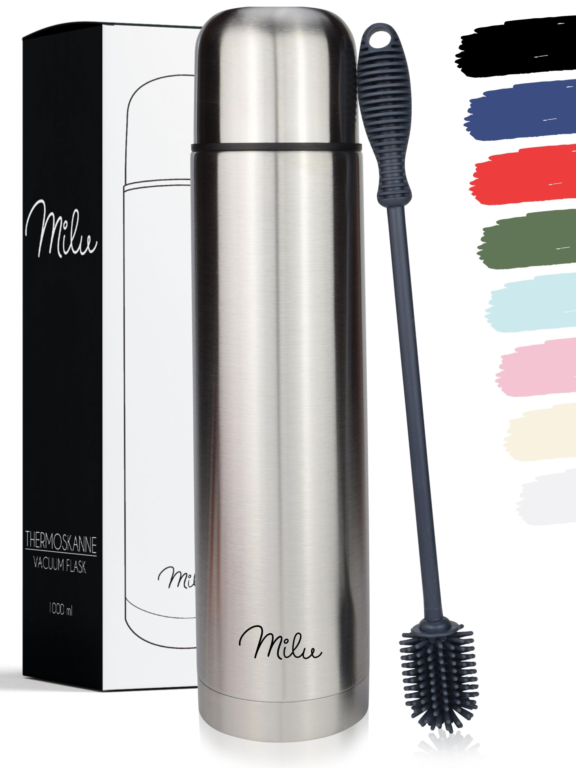 Milu Vacuum Insulated Flask 1L, 750ml, 500ml - Thermo Water Drinking Bottle with Cup for Hot & Cold Drink - Stainless Steel, 100% Leak-Proof (Stainless Steel, 1000 ml)