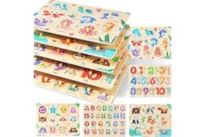 GR GRINNNIE GRINNNIE Wooden Puzzles for Toddlers 3 4 5 Years Old, Montessori Toddler Toys 5PCS Peg Puzzles with Knob - Number, Alphabet, Shape, and Animal, Great Christmas Birthday Gifts for Boys Girls