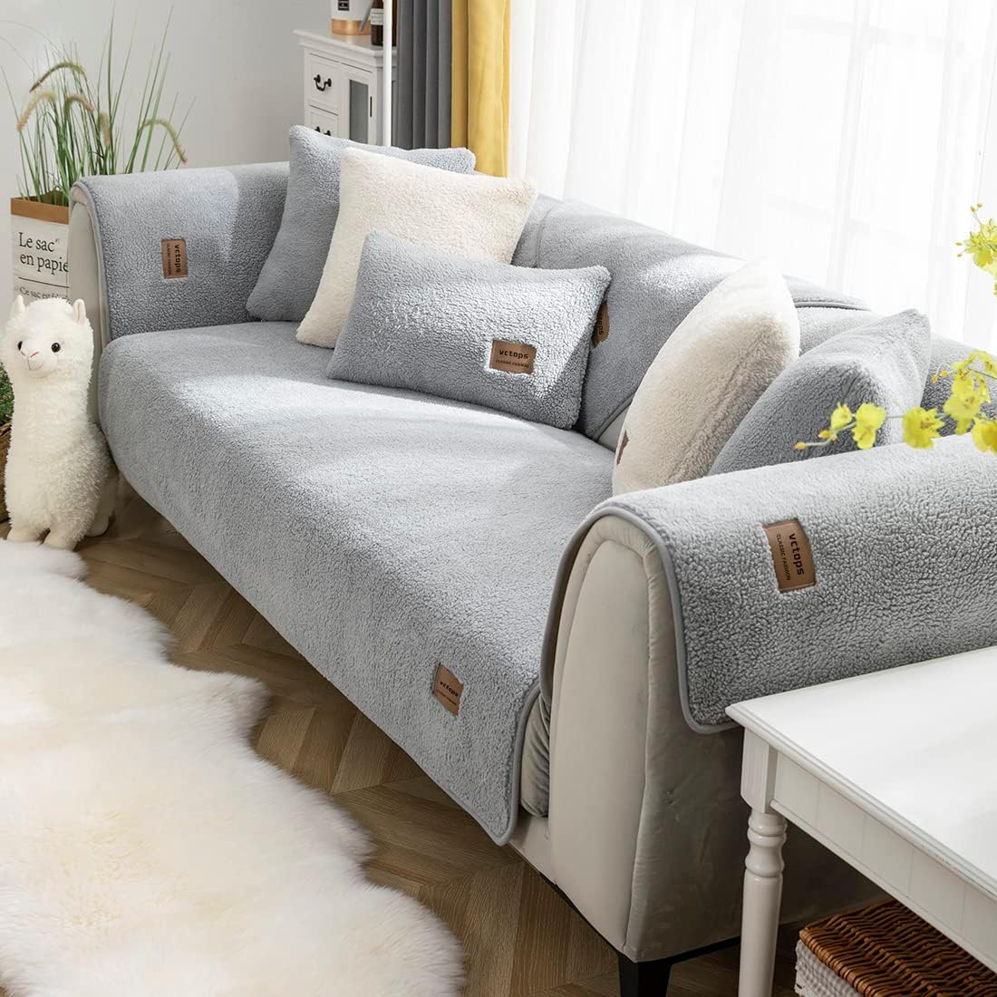 Slipcovers - vctops Sherpa Fleece Sofa Couch Covers Super Soft Warm Plush Sectional Couch Cover Luxury Fuzzy Furry Non Slip Sofa Slipcover Furniture Protector (Grey,28