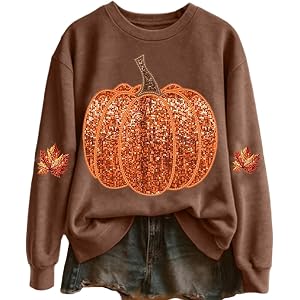 YMAMIYO Crew Neck Sweatshirts Women Graphic Sequin Fall Pumpkin Halloween Pullover Tops Oversized Thanksgiving Autumn Shirts
