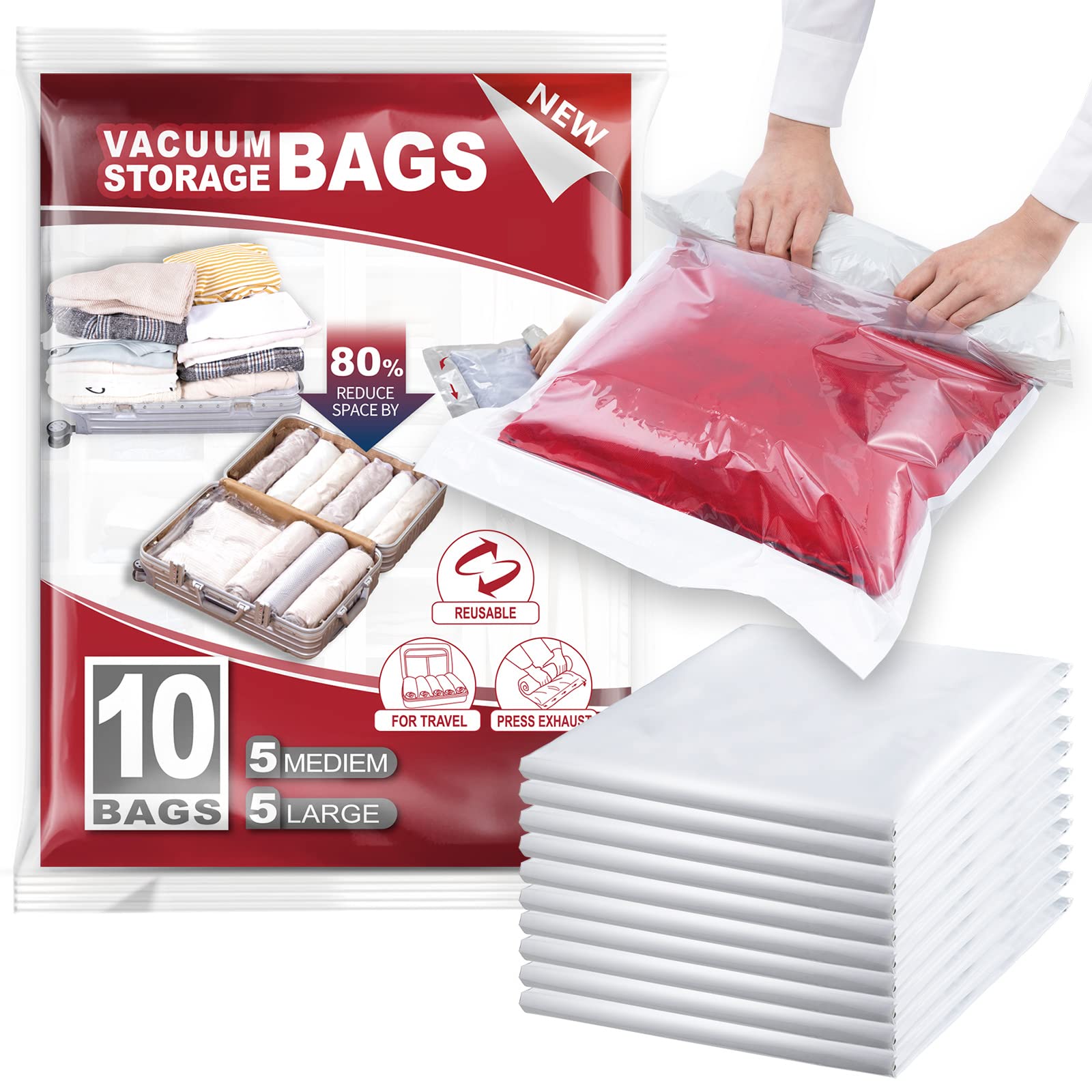 TAILI Roll Up Vacuum Storage Bags for Clothes Travel 10 Packs 5 Large, 5 Medium Reusable Storage Bags Saves 80% of Space No Need Vacuum Machine or Pumpfor for Travel, Clothes, Bedding, Moving