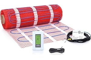 HEATTECH 50 sqft Floor Heating Mat Kit, 120V Electric Radiant Floor Heat Heating Mat System with Adhesive Backing, Aube TH115-AF-120S Programmable Floor Sensing Thermostat w/Floor Sensor. Tile, Stone, Marble