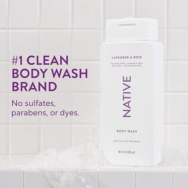NATIVE BODY WASH CONTAINS NATURALLY DERIVED INGREDIENTS | FOR WOMEN & MEN, SULFATE, PARABEN, & DYE FREE LEAVING SKIN SOFT AND HYDRATED | LAVENDER & ROSE 18 OZ