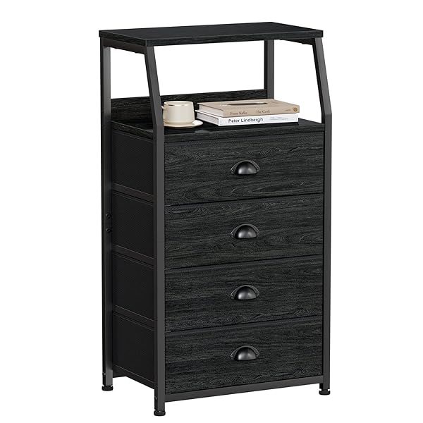 FURNULEM TALL 4 DRAWERS DRESSER, VERTICAL STORAGE TOWER BLACK DRESSER FOR BEDROOM, HALLWAY, ENTRYWAY, NURSERY, CLOSET ORGANIZER, NIGHTSTAND BEDSIDE TABLE FURNITURE, STURDY STEEL FRAME, WOOD TOP