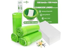 BOOWOO Bedside Commode Liners with Absorbent Pads,100 Disposable Commode Bags and 100 Pads, Scented Adult Potty Chair Liners, Portable Commode Poop Bags for Commode Chair, Bedpan, Bucket Toilet