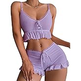 SweatyRocks Women's 2 Piece Lingerie Set Pajama Sets Ruffle Trim Tie Front Cami Top and Shorts Sleepwear