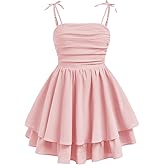 Verdusa Girl's Bow Tie Shoulder Sleeveless Princess Dress Ruched Tiered Layered Summer Dresses