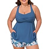 Summer Mae Plus Size Tankini Swimsuits for Women Two Piece Bathing Suit with Pockets Shorts Tummy Control Swimwear