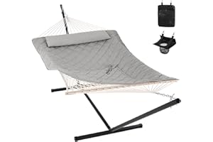ANOW Double Rope Hammock with Stand 12FT, Heavy Duty Hammock with Polyester Pillow and Pad, 450 LBS Weight Capacity, Light Grey