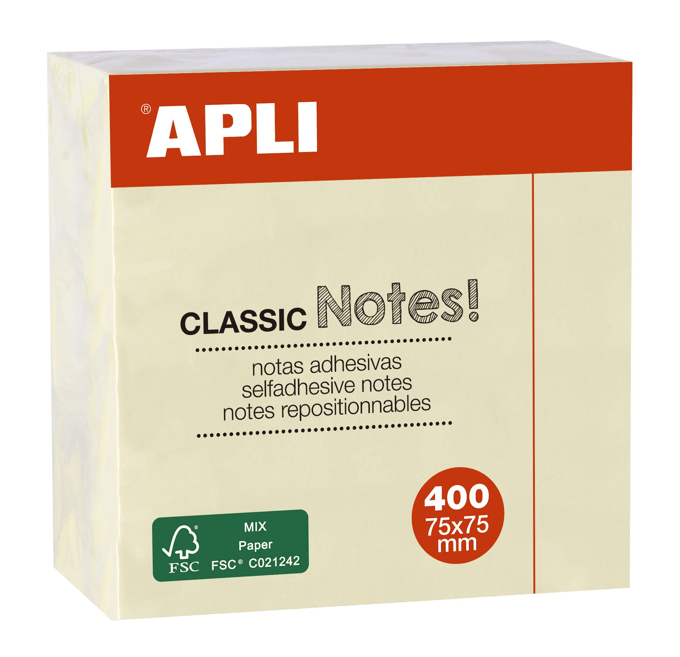 APLI 11597 – Classic Sticky Notes 75 x 75 mm Cube of 400 Sheets Yellow