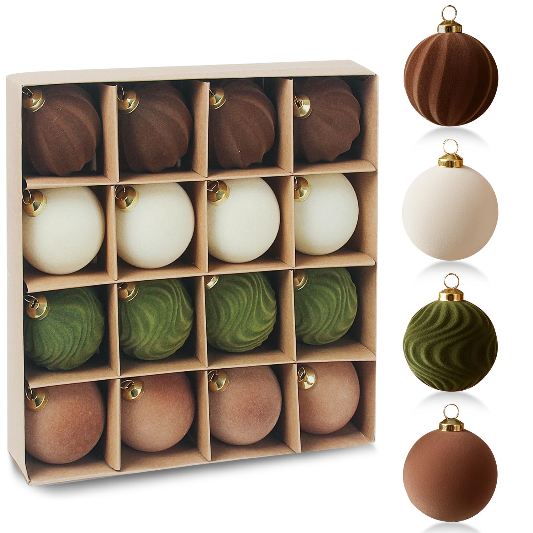Photo 1 of 16 PCS Velvet Christmas Ball Ornaments Set,2.36in Shatterproof Plastic Flocked Christmas Tree Balls,Xmas Balls Ornaments for Xmas Tree Garland Table Party Decor(Brown/Light Green/Light Brown/Beige)