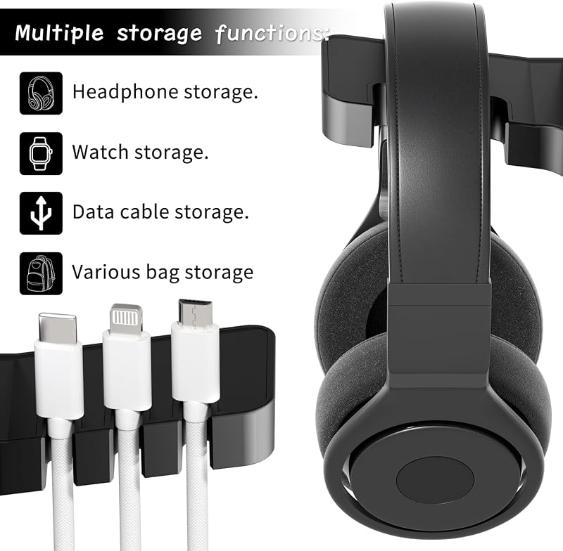 Soporte para auriculares con cargador USB debajo del escritorio, soporte para auriculares con estación de carga USB de 3 puertos (20 W PD y QC3.0) y iWatch Stand Smart Watch Charging Dock Dual