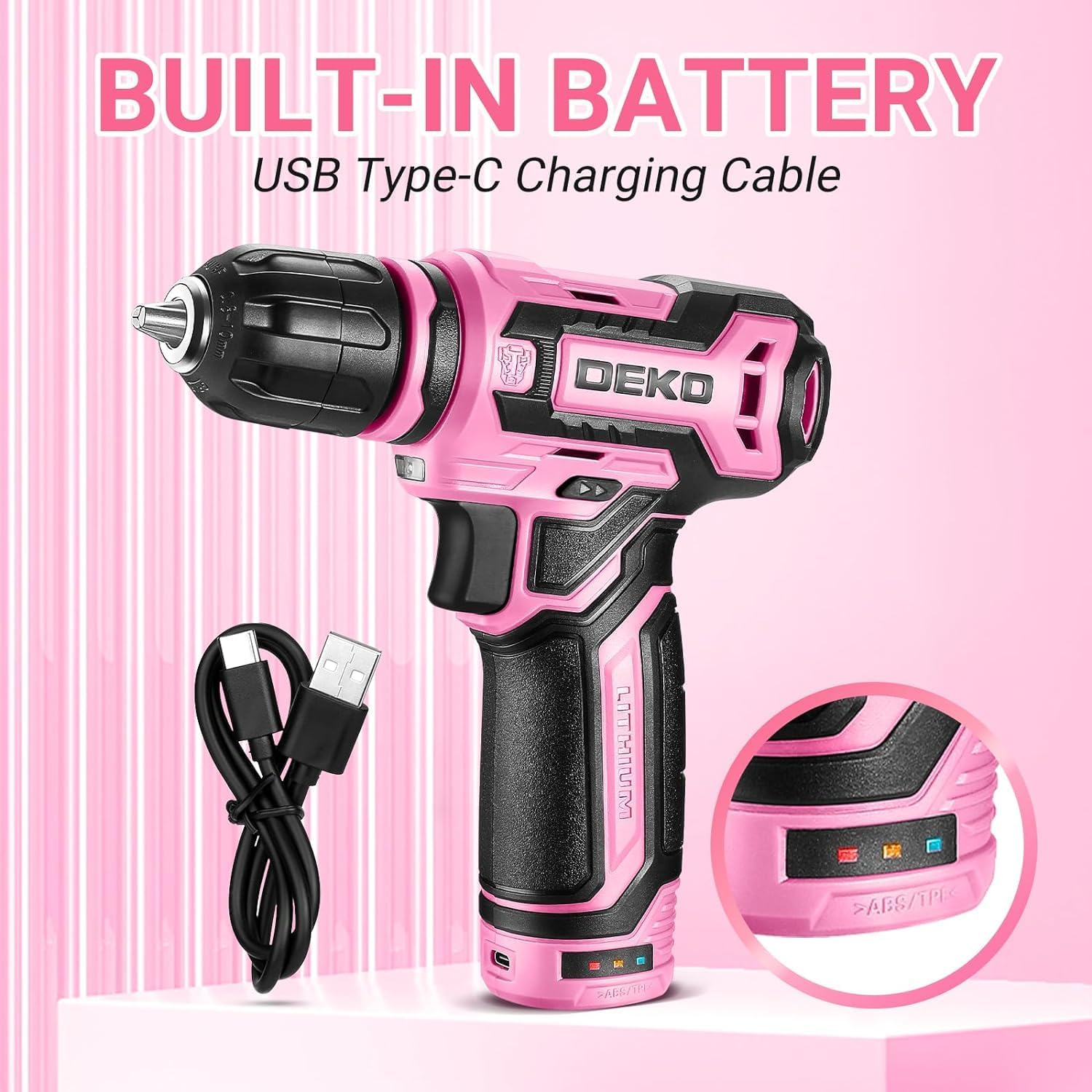 Cordless Drill：DEKOPRO 12V Power Battery Drill Set with Small Electric Drills and 3/8-inch Keyless Chuck with Portable Tool Set Gift Box (Pink)