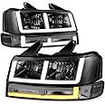 Auto Dynasty 4PCS Switchback E-LED DRL Composite Headlights Assembly and Bumper Lamps Compatible with Chevy Express GMC Savana 1500-4500 2003-2024, Driver and Passenger Side, Smoked Lens Clear Corner