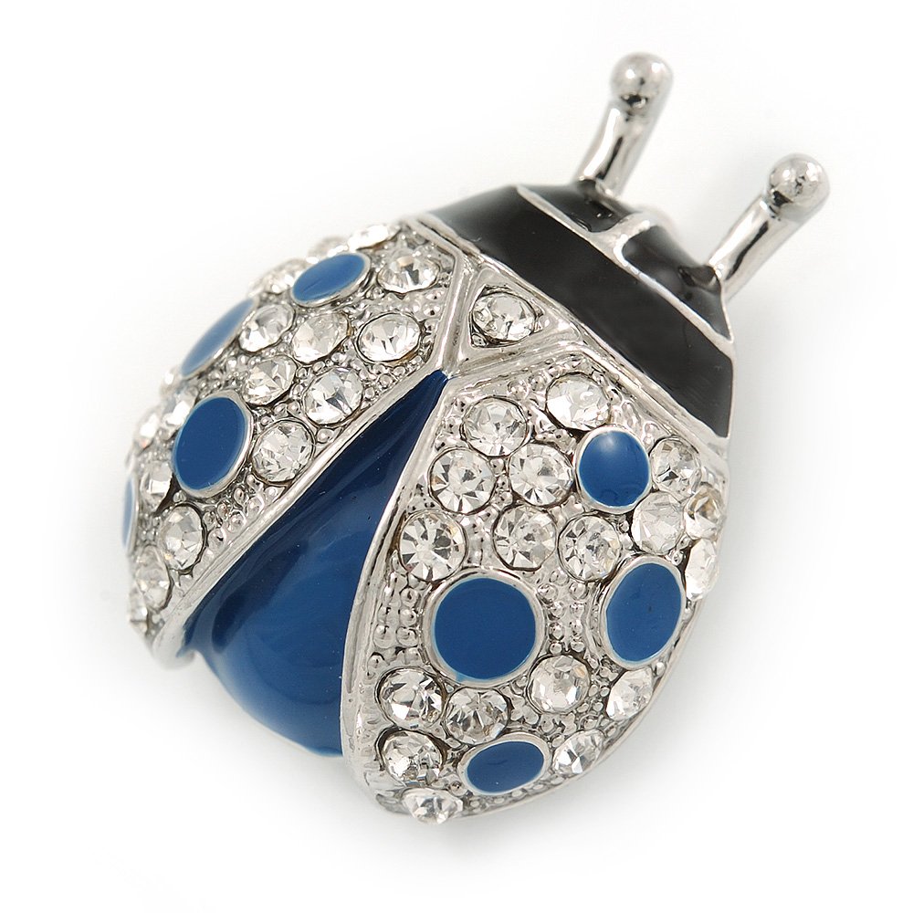 Blue/Black Enamel Crystal Ladybug Brooch In Rhodium Plating - 35mm L