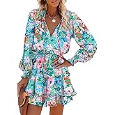 Dokotoo Spring Dresses for Women 2026 Boho Floral Drawstring V Neck Smocked Long Sleeve Ruffle Tiered Chiffon Mini Dress