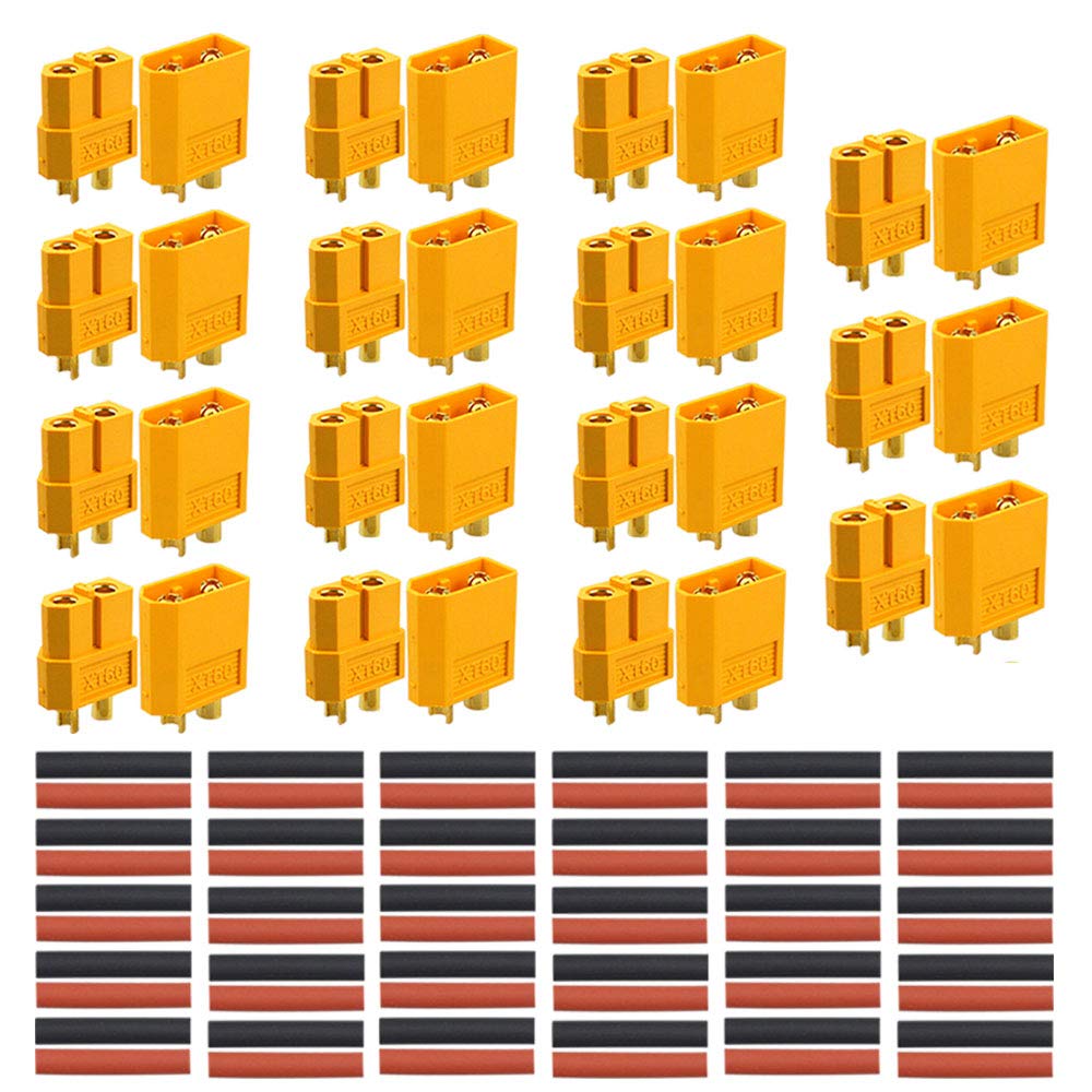 QitinDasen 30Pcs Premium XT60 Bullet Connector, 15 Pair XT60 Male Female Battery Connector, Gold Plated Connector Power Plug with Heat Shrink Tube, for RC Lipo