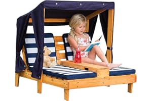 KidKraft Wooden Outdoor Double Chaise Lounge with Cup Holders, Kid's Patio Furniture, Honey with Navy and White Striped Fabric, Gift for Ages 3-8