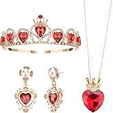Abitoncc Queen Heart Crown Evie Gold Tiara Red-heart Necklace and Stud Earrings, Red Queen Hearts Accessories for Woman Halloween Christmas Birthday Costume
