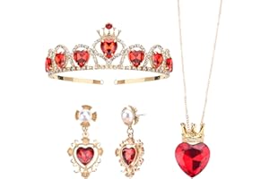 Abitoncc Queen Heart Crown Evie Gold Tiara Red Heart Necklace and Stud Earrings, Red Queen Hearts Accessories for Girls Teen Halloween Christmas Birthday Costume