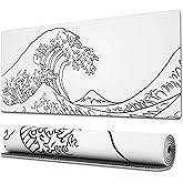 Ovenbird Gaming Mouse Pad with Stitched Edges, Japanese Wave White Extended XL Mousepad with Anti-Slip Base, Cool Large Mouse Pad for Desk, 31.5 x 11.8 in, White