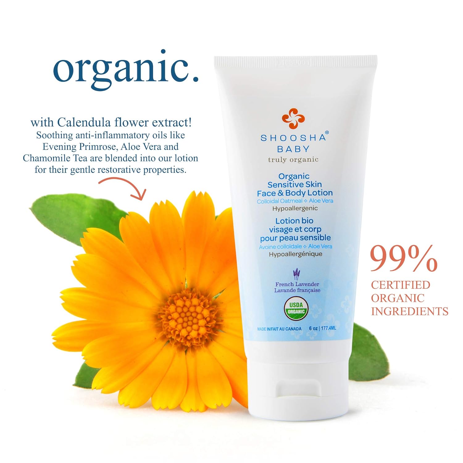 Organic Baby Lotion French Lavender, for Sensitive Skin, All Natural Face and Body Lotion for Kids, Hypoallergenic, Gluten-Free, Non-Sticky, 100% Biodegradable - Shoosha: Beauty