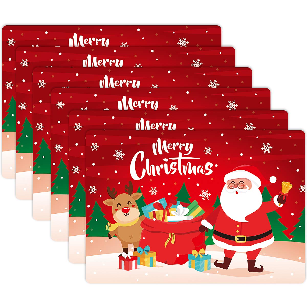 BESTonZON 6PCS Christmas Placemats Cute, Christmas Place Mats, Merry Xmas Placemats, Heat Resistant/Waterproof/Washable/Non Slip PVC Table Place Mats for Kitchen Table Decor (43x30x0.05cm)