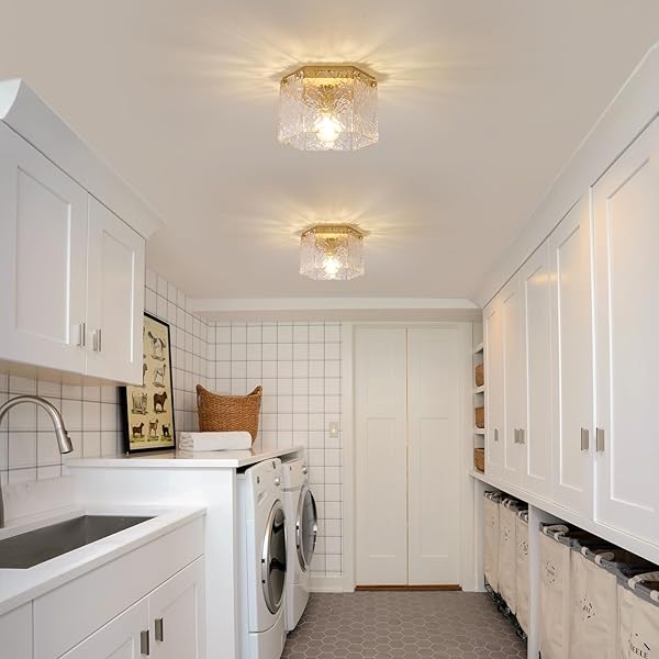 MWZ 1 PACK MODERN GOLD SEMI FLUSH MOUNT CEILING LIGHT FIXTURE WITH HAMMERED GLASS SHADE, 1-LIGHT 10” FARMHOUSE DIMMABLE FLUSH MOUNT LAMP WITH HEXAGONAL METAL CHASSIS FOR KITCHEN ISLAND LAUNDRY