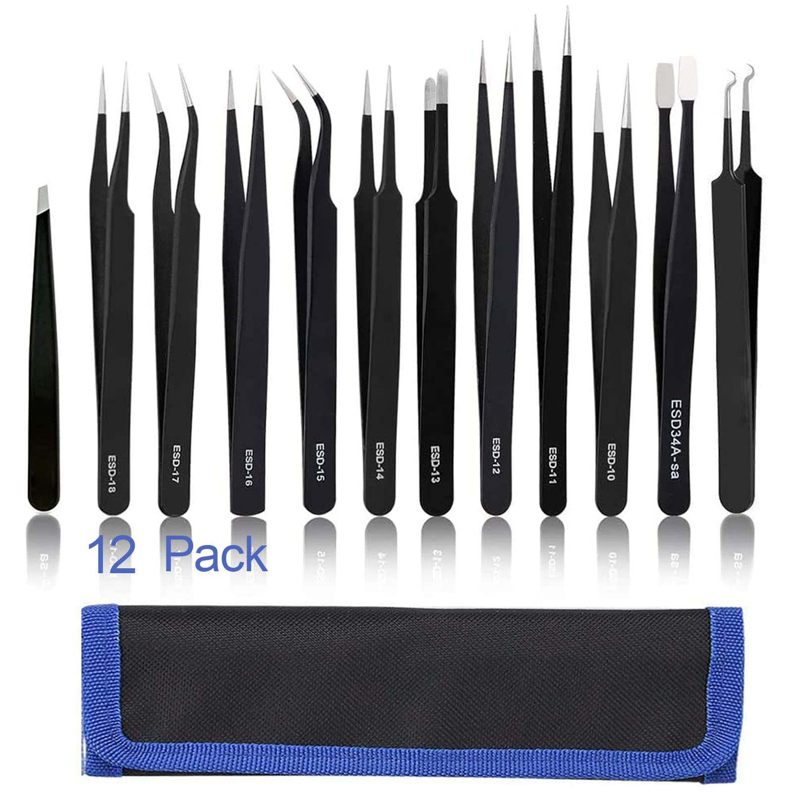 BOENFU Precision Tweezers Set 12 PCS Electronic Tweezers ESD 11, 12, 13, 15, 17 Pointed Tip Tweezers Kit for Electronics,Soldering, Craft, Jewelry, Ingrown, Eyelash
