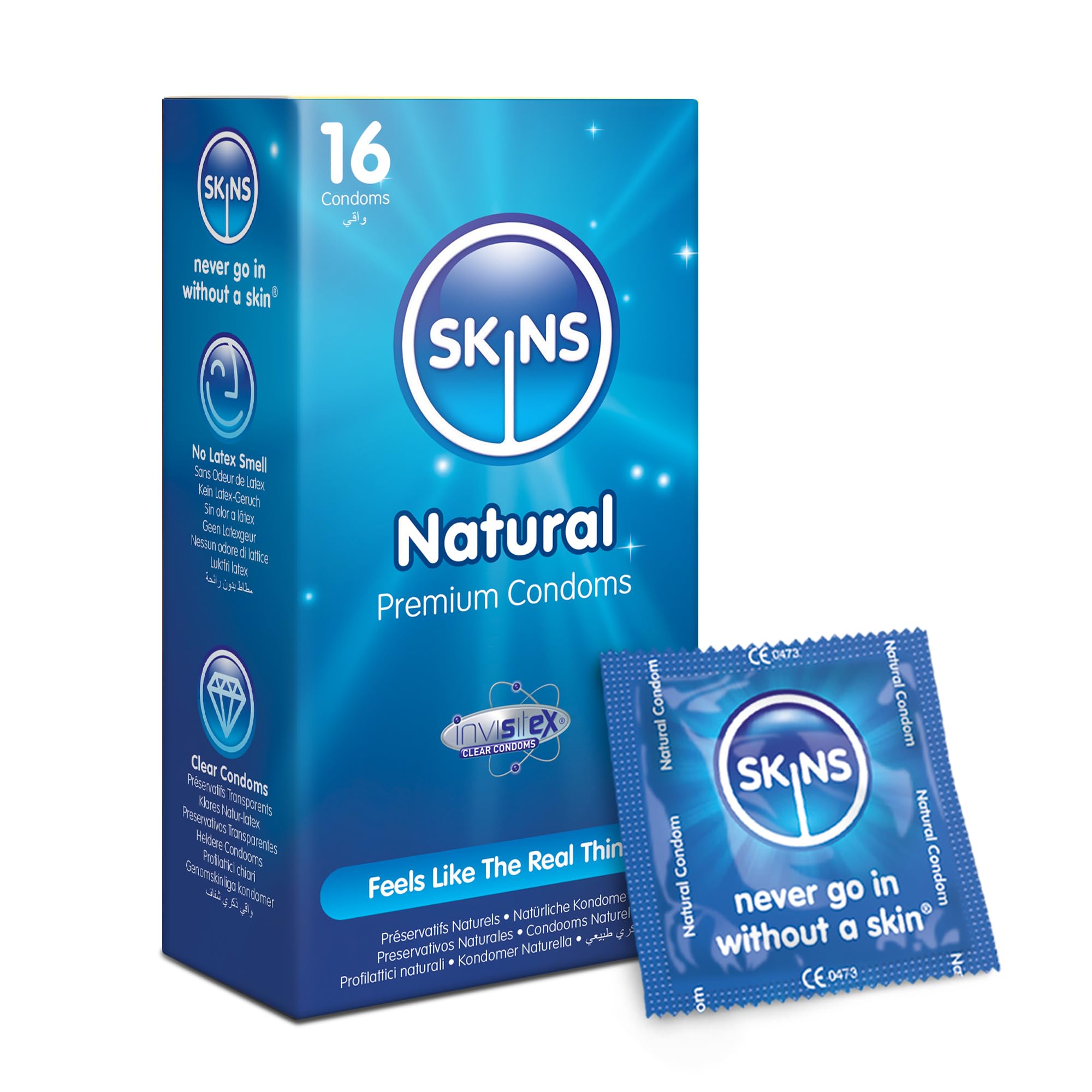 Skins Natural Condoms –Natural Latex Condoms Without The Smell, Extra Lubricated to Feel Like The Real Thing – Pack of 16