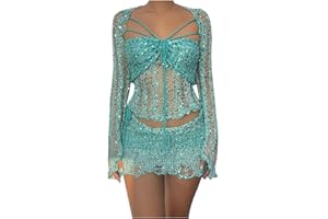 Momasggi Womens Sexy Skirt Sets Two Piece Outfits Glitter Sequins Crochet Sweater Set Long Sleeve Cropped Top Mini Skirt Set