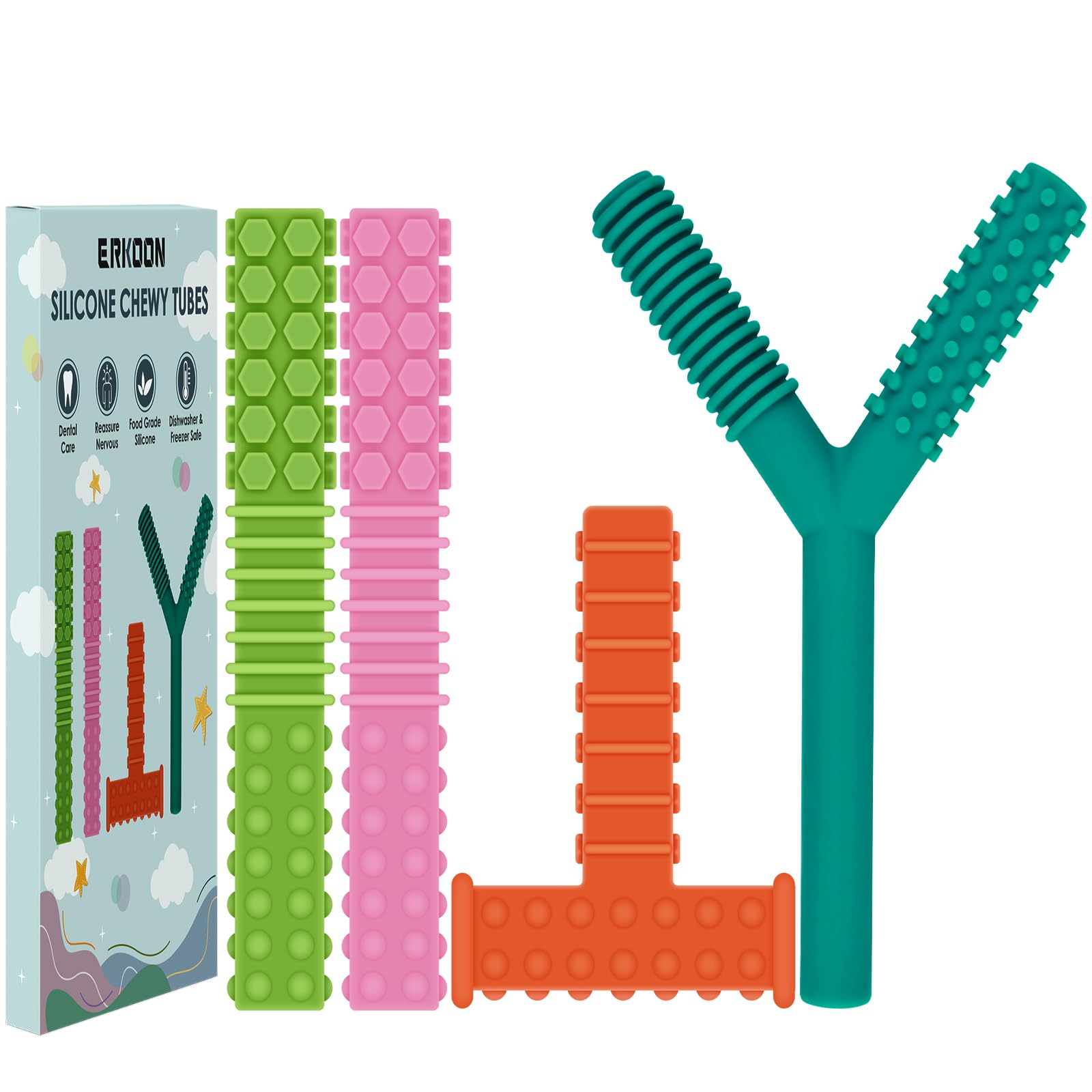 Sensory Chew Stick,ERKOON 4 Pcs Silicone Chew Toys Training and Development Fidget Toy Chewing Necklace for Teething Babies, Autism ADHD SPD, Oral Motor, Anxiety, Autistic Children and Adult