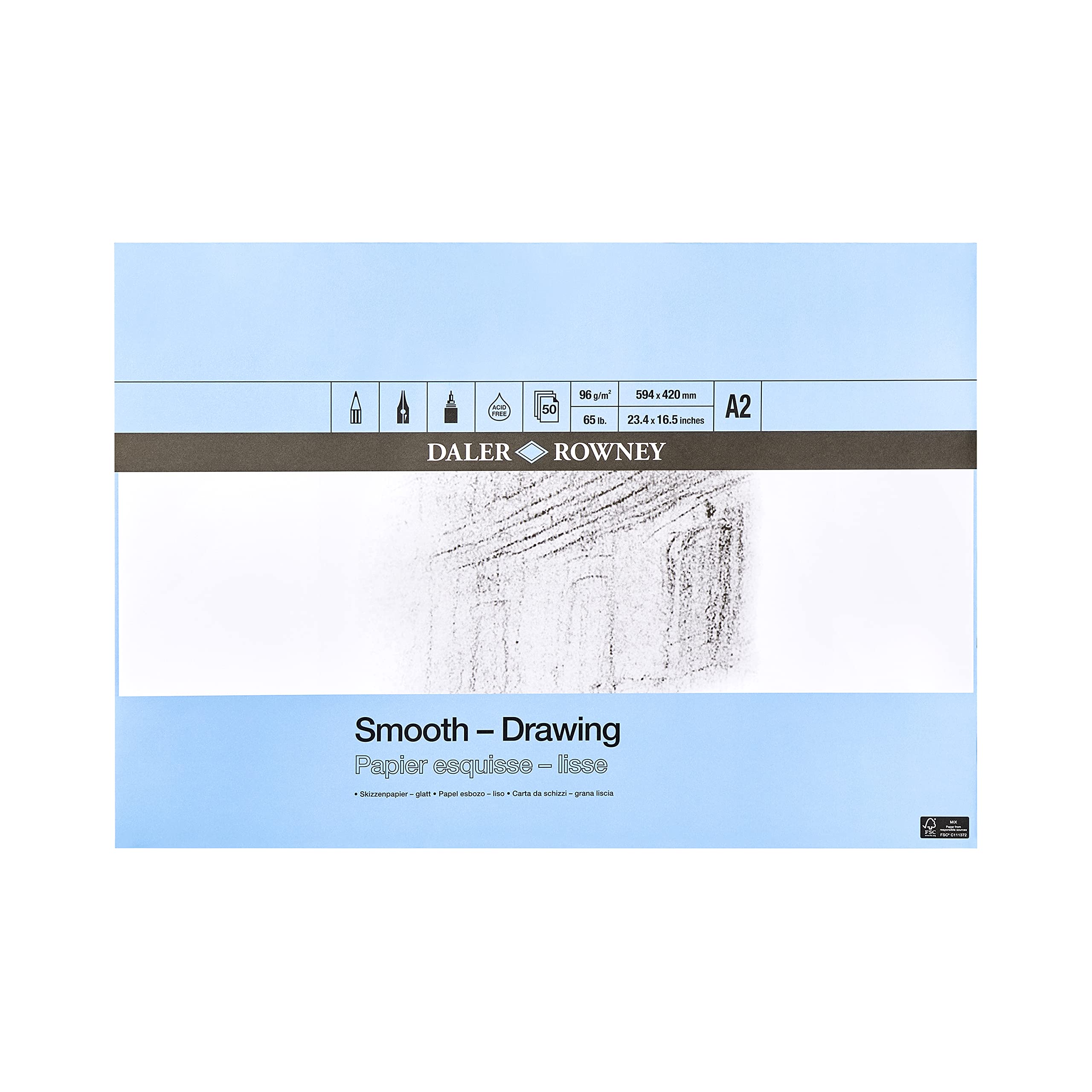 Daler-Rowney Smooth 96gsm A2 Drawing Paper Pad, Glued 1 Side, Acid-free, 50 Natural White Sheets, Ideal for Professional Artists & Students