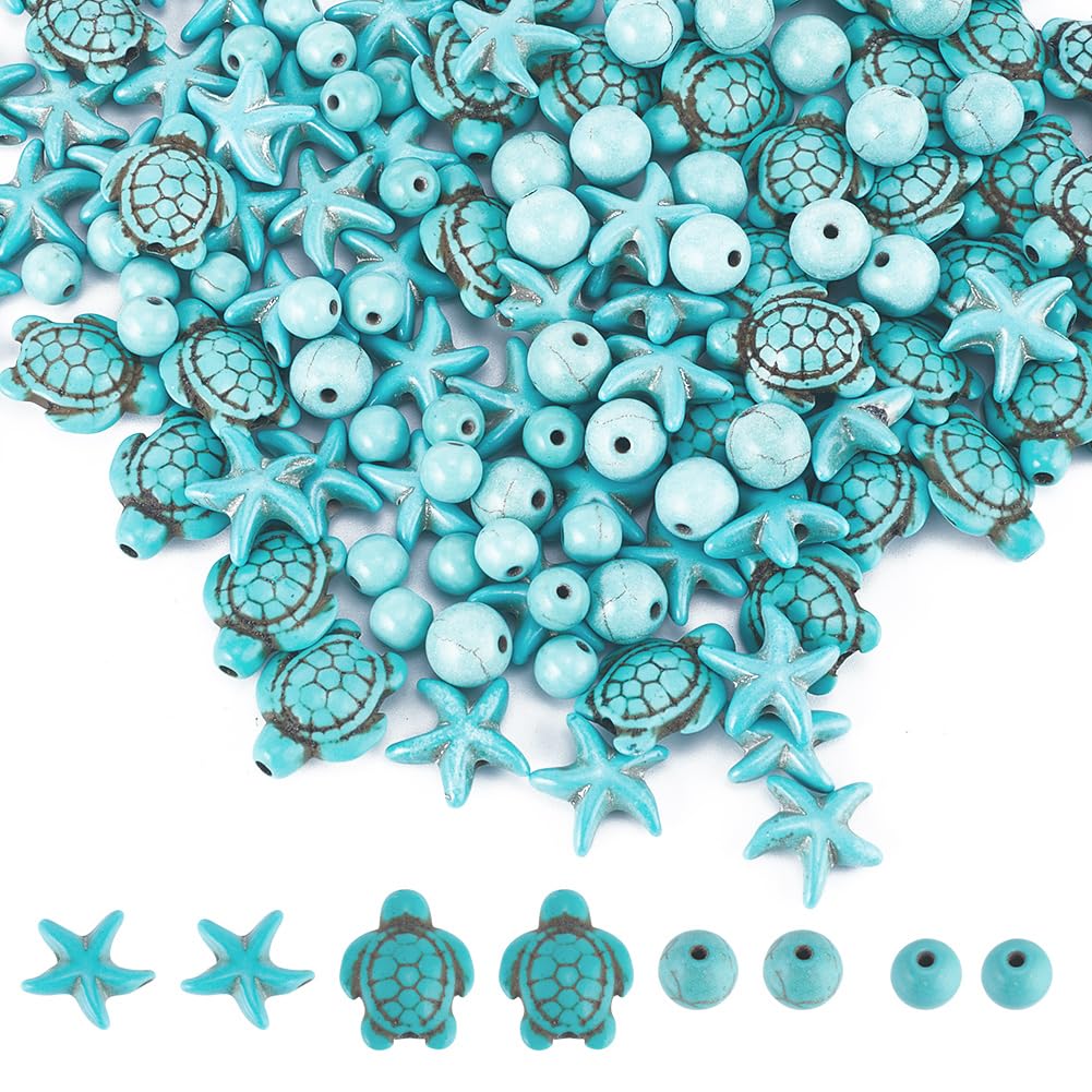 SUNNYCLUE 1 Box 200Pcs Sea Turtle Beads Starfish Bead Charms Boho Style Sea Animal Beads 8mm 6mm Round Turquoise Spacer Bulk Blue Ocean Turtles Tortoise Bead for Jewellery Making Beading Kits