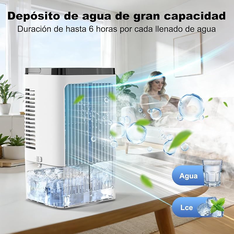 Aire Acondicionado Portátil 4 en 1, Enfriador de Aire Portátil 1200ml, 4 Velocidades, 2 Nebulización, 7 Colores LED, Temporizador 1-8H, Enfriador de Aire para Camping, Oficina (Blanco) — foto 3 de 7