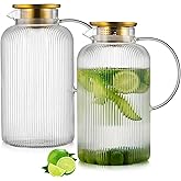 Buaic Glass Pitcher with Lid, 100 oz/ 3 Liter Classic Vertical Stripes Water Pitcher,Glass Water Carafe for Cold Brew, Coffee, Lemonade, Iced Sun Tea,Beverage, Milk, Heat Resistant