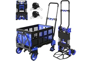 Oyoest 2 in 1 Folding Hand Truck with Folding Basket,Heavy Duty Hand Truck Dolly 330lbs Capacity with Telescoping Handle and Rubber Wheels,Portable Dolly Cart with Bungee Cords for Moving