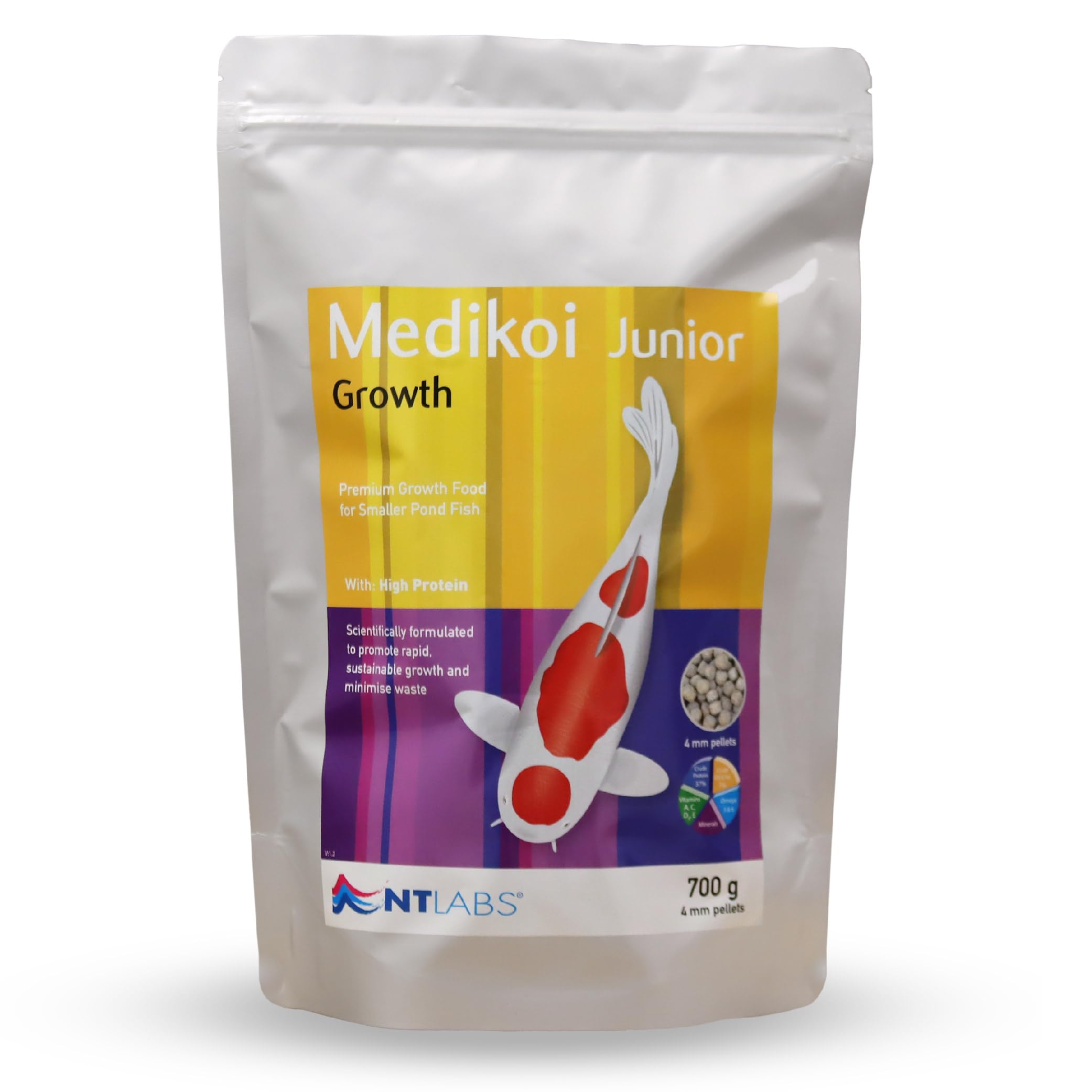NT Labs Medikoi Growth, Complete Feed for All Pond Fish, Ideal for Late Spring and Summer Feeding, High Protein Koi Feed, Maintains Immune System, Koi Fish Food (700 g (Pack of 1), Junior)
