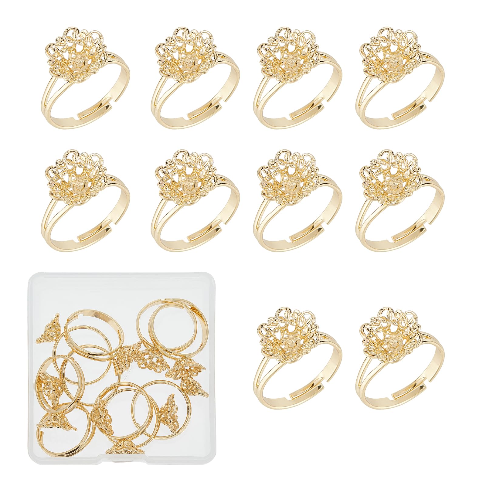 NICENEEDED 10 PCS Gold Brass Filigree Ring Settings, Adjustable, 14K Gold Plated, Jewelry Making Components