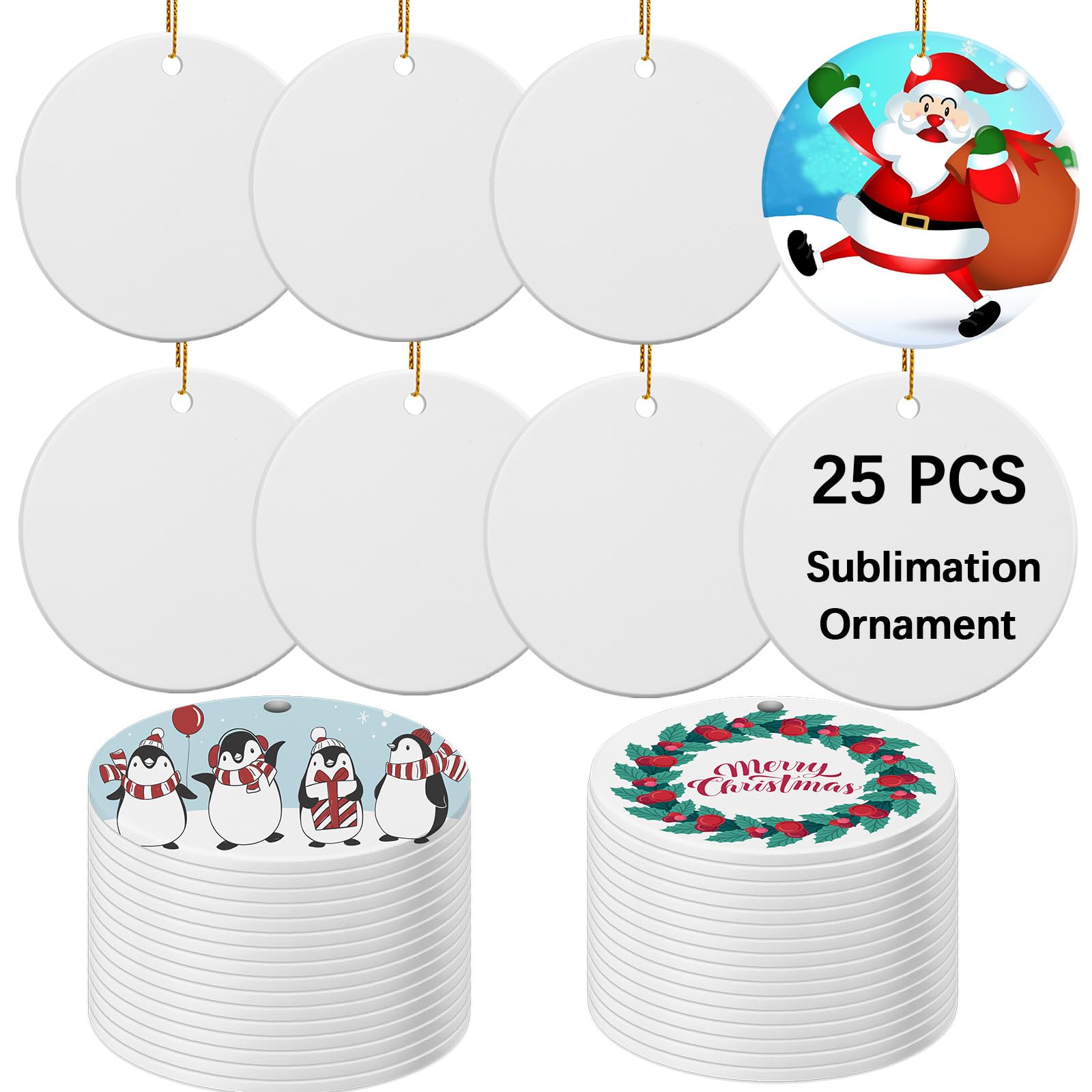 Photo 1 of 25 PCS Ceramic Sublimation Ornament Blanks Bulk 3 Inch White Round Crafts DIY Personalized Printed Christmas Home Porcelain Paintable Decorate
