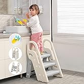 Onasti Foldable Step Stool for Bathroom Sink, Adjustable 3 Step Stool for Kids Toilet Potty Training Stool with Handles, Child Kitchen Counter Stool Helper, Plastic Ladder for Toddlers Grey