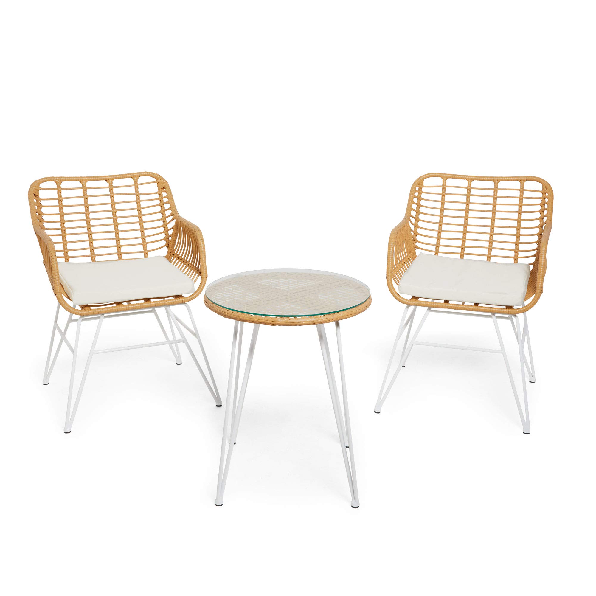 Btfy Natural Rattan Bistro Set 3 Piece Rattan Garden Furniture 2 Chairs With Cushions And Glass